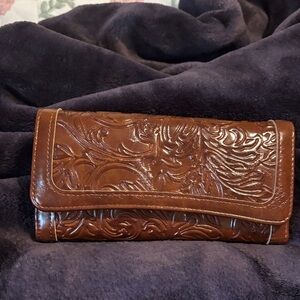 embossed brown floral leather wallet - women's clutch wallet